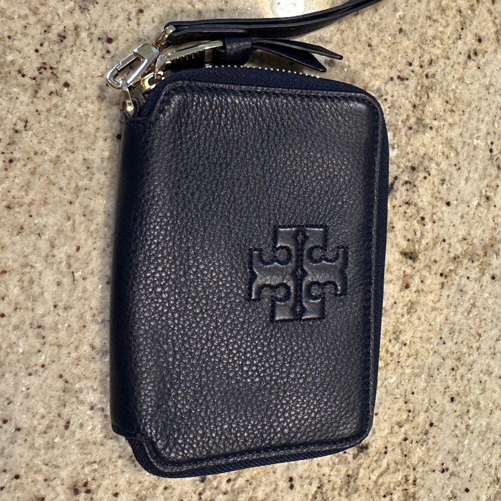 Tory Burch navy leather wristlet